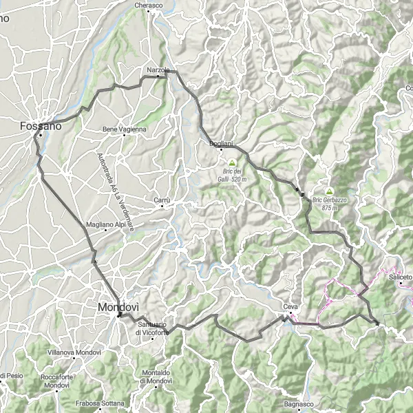 Kartminiatyr av "Långväg upp till Vicoforte" cykelinspiration i Piemonte, Italy. Genererad av Tarmacs.app cykelruttplanerare