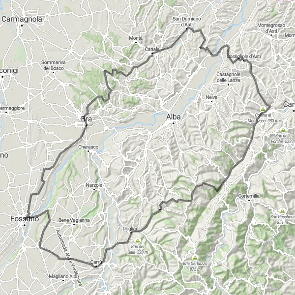Mapa miniatúra "Cestný okruh cez Bra, Canale a San Martino Alfieri" cyklistická inšpirácia v Piemonte, Italy. Vygenerované cyklistickým plánovačom trás Tarmacs.app