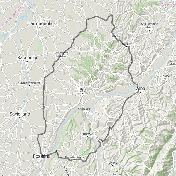 Mapa miniatúra "Výlet do vinohradov Piemontu cez Marene, Albu a Barolo" cyklistická inšpirácia v Piemonte, Italy. Vygenerované cyklistickým plánovačom trás Tarmacs.app