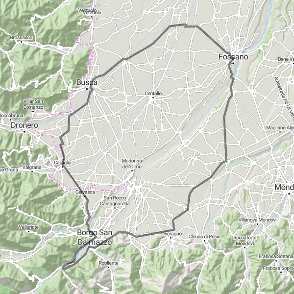 Map miniature of "Charming Fossano Loop" cycling inspiration in Piemonte, Italy. Generated by Tarmacs.app cycling route planner