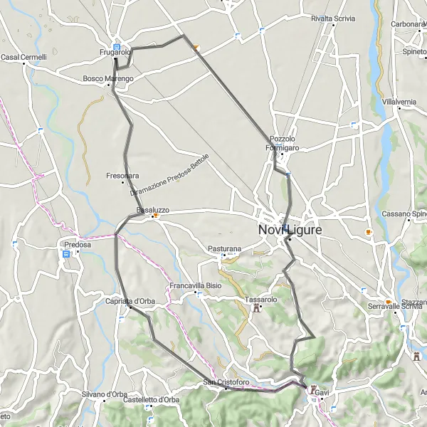 Miniatua del mapa de inspiración ciclista "Ruta escénica de ciclismo de carretera cerca de Frugarolo" en Piemonte, Italy. Generado por Tarmacs.app planificador de rutas ciclistas
