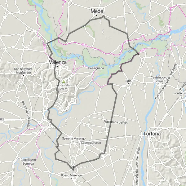 Miniature de la carte de l'inspiration cycliste "Route autour de Frugarolo à travers Valle San Bartolomeo et Alluvioni Cambiò" dans la Piemonte, Italy. Générée par le planificateur d'itinéraire cycliste Tarmacs.app