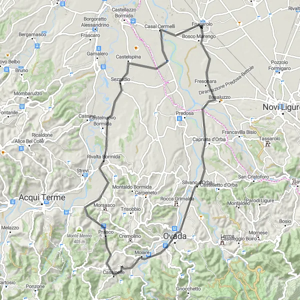 Miniatua del mapa de inspiración ciclista "Ruta de ciclismo de carretera Basaluzzo-Casal Cermelli" en Piemonte, Italy. Generado por Tarmacs.app planificador de rutas ciclistas