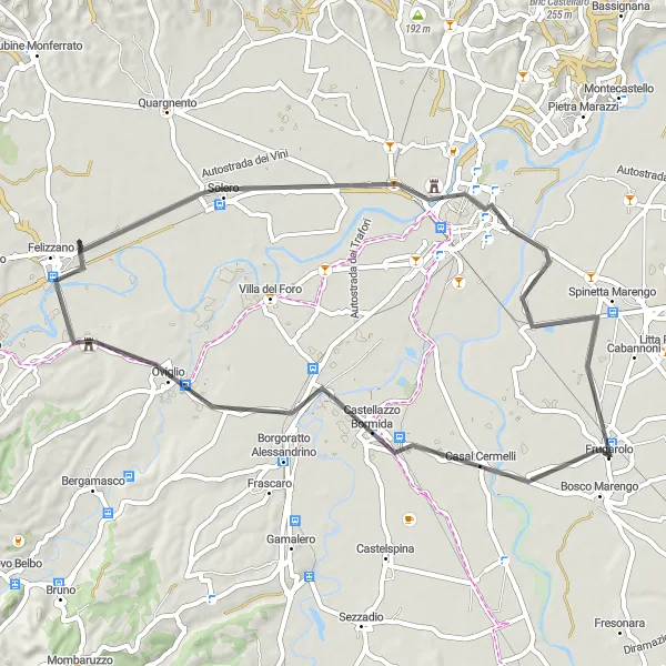 Miniatua del mapa de inspiración ciclista "Ruta de ciclismo de carretera Frugarolo-Spinetta Marengo" en Piemonte, Italy. Generado por Tarmacs.app planificador de rutas ciclistas