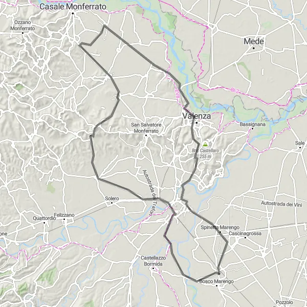 Miniatua del mapa de inspiración ciclista "Ruta de ciclismo de carretera Alessandria-Spinetta Marengo" en Piemonte, Italy. Generado por Tarmacs.app planificador de rutas ciclistas