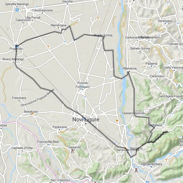 Kartminiatyr av "Frugarolo till Bosco Marengo Kort Tur" cykelinspiration i Piemonte, Italy. Genererad av Tarmacs.app cykelruttplanerare