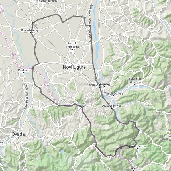 Mapa miniatúra "Okolo Frugarola a okolitá krajina" cyklistická inšpirácia v Piemonte, Italy. Vygenerované cyklistickým plánovačom trás Tarmacs.app