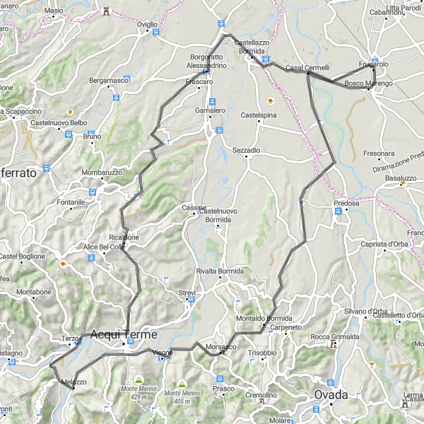 Miniaturní mapa "Cyklotrasa kolem Frugarola až do Bosco Marengo" inspirace pro cyklisty v oblasti Piemonte, Italy. Vytvořeno pomocí plánovače tras Tarmacs.app
