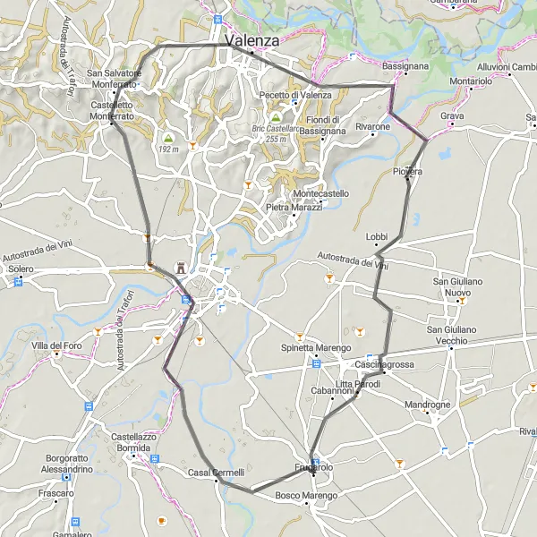 Zemljevid v pomanjšavi "Kolesarska pot do Piovere" kolesarske inspiracije v Piemonte, Italy. Generirano z načrtovalcem kolesarskih poti Tarmacs.app