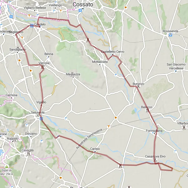 Miniatua del mapa de inspiración ciclista "Ruta de ciclismo de gravel en los alrededores de Gaglianico" en Piemonte, Italy. Generado por Tarmacs.app planificador de rutas ciclistas
