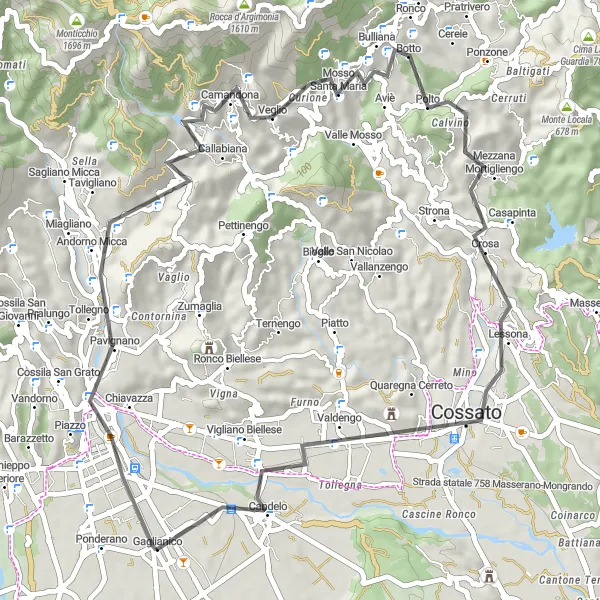 Mapa miniatúra "Výlet po Monte Bricche a Valdengo" cyklistická inšpirácia v Piemonte, Italy. Vygenerované cyklistickým plánovačom trás Tarmacs.app