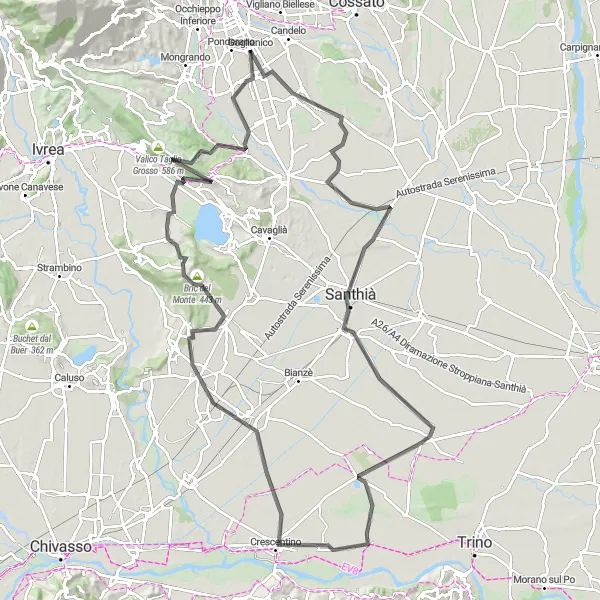 Kartminiatyr av "Landsvägsutflykt till Cerrione" cykelinspiration i Piemonte, Italy. Genererad av Tarmacs.app cykelruttplanerare