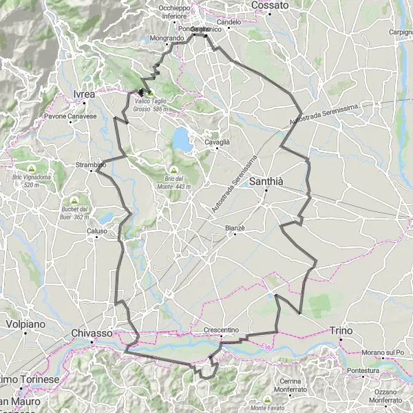 Miniaturní mapa "Gaglianico - Alpiano d'Ivrea - Gaglianico" inspirace pro cyklisty v oblasti Piemonte, Italy. Vytvořeno pomocí plánovače tras Tarmacs.app