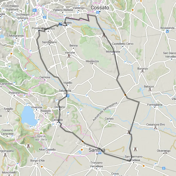 Mapa miniatúra "Okružná cyklotrasa cez Candelo, Mottalciata, Cavaglià a Magnonevolo" cyklistická inšpirácia v Piemonte, Italy. Vygenerované cyklistickým plánovačom trás Tarmacs.app