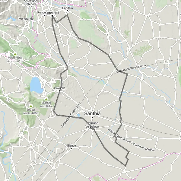 Miniaturní mapa "Road route to Tronzano Vercellese" inspirace pro cyklisty v oblasti Piemonte, Italy. Vytvořeno pomocí plánovače tras Tarmacs.app