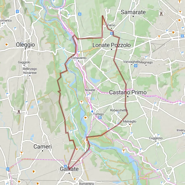 Miniatura della mappa di ispirazione al ciclismo "Esplorazione gravel fino a Castano Primo" nella regione di Piemonte, Italy. Generata da Tarmacs.app, pianificatore di rotte ciclistiche