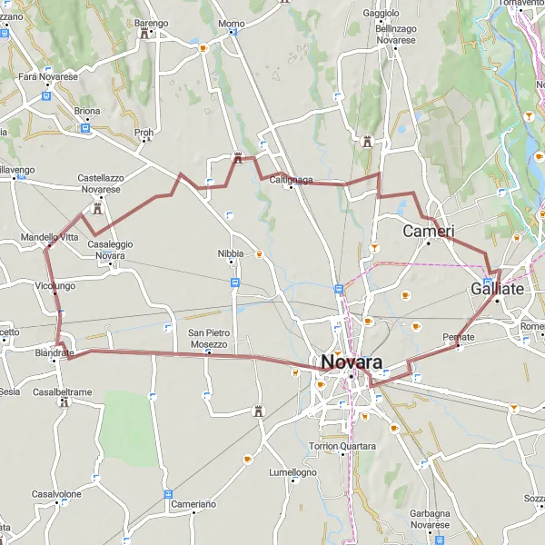 Miniature de la carte de l'inspiration cycliste "Exploration gravel autour de Novara et Cameri" dans la Piemonte, Italy. Générée par le planificateur d'itinéraire cycliste Tarmacs.app