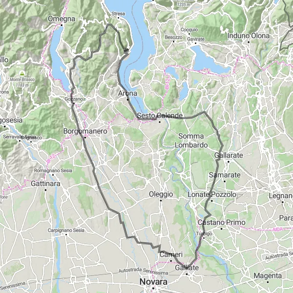 Miniature de la carte de l'inspiration cycliste "Parcours des Lacs Piémontais" dans la Piemonte, Italy. Générée par le planificateur d'itinéraire cycliste Tarmacs.app