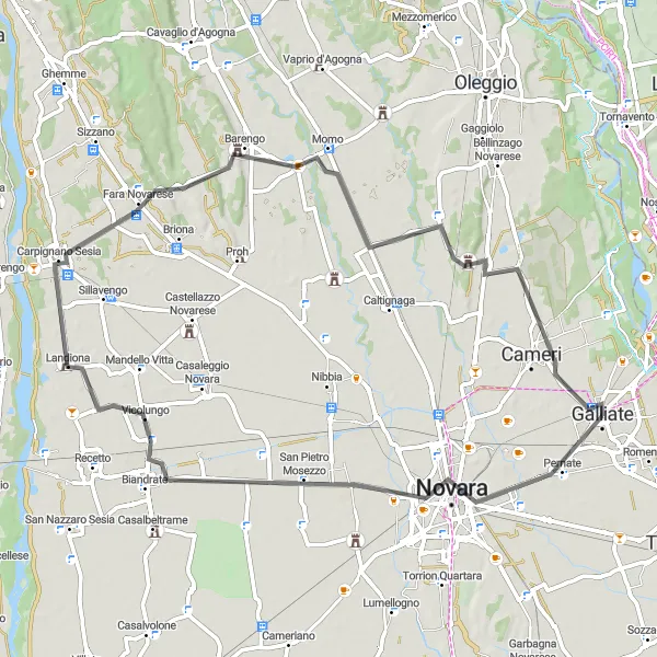 Karttaminiaatyyri "Novara - Vicolungo - Fara Novarese Cycling Route" pyöräilyinspiraatiosta alueella Piemonte, Italy. Luotu Tarmacs.app pyöräilyreittisuunnittelijalla