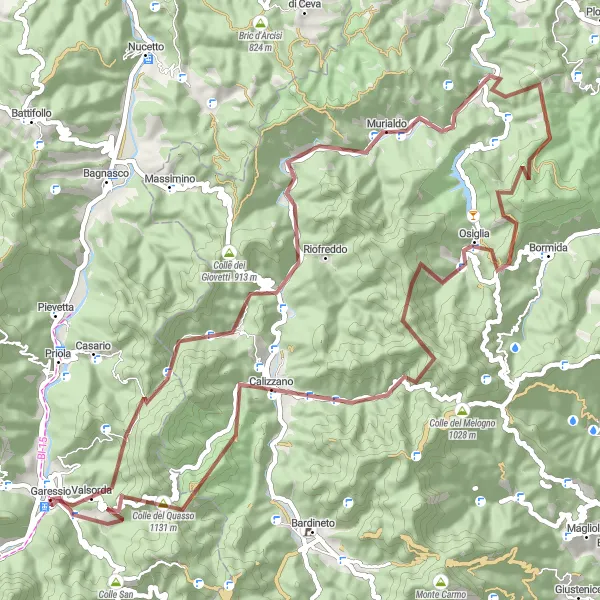 Karttaminiaatyyri "Gravel-reitti Garessiosta Osigliaan" pyöräilyinspiraatiosta alueella Piemonte, Italy. Luotu Tarmacs.app pyöräilyreittisuunnittelijalla