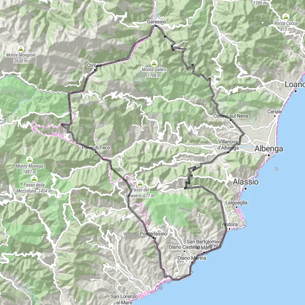Miniatura della mappa di ispirazione al ciclismo "Avventura ciclistica tra Garessio e Cima Valle" nella regione di Piemonte, Italy. Generata da Tarmacs.app, pianificatore di rotte ciclistiche