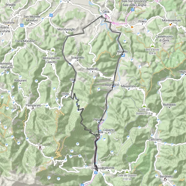 Miniature de la carte de l'inspiration cycliste "Exploration routière de Garessio à Pieve Virtu en vélo de route" dans la Piemonte, Italy. Générée par le planificateur d'itinéraire cycliste Tarmacs.app