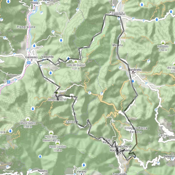 Miniature de la carte de l'inspiration cycliste "L'Escapade à Castelvecchio di Rocca Barbena" dans la Piemonte, Italy. Générée par le planificateur d'itinéraire cycliste Tarmacs.app