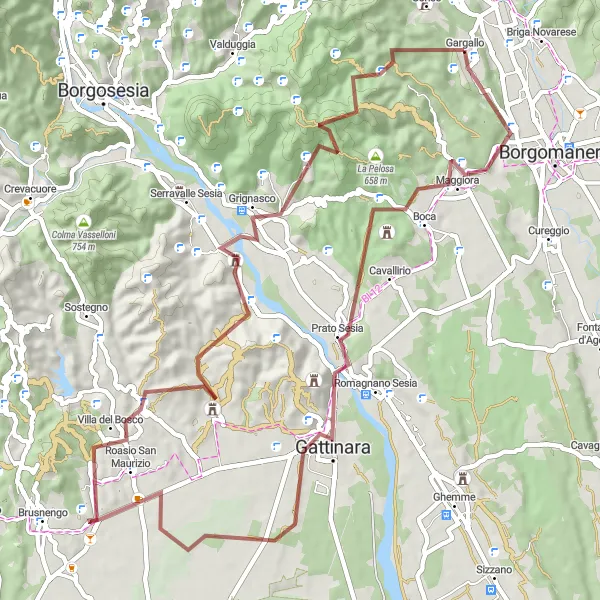 Map miniature of "Gravel Cycling Route from Gargallo to Montalbano" cycling inspiration in Piemonte, Italy. Generated by Tarmacs.app cycling route planner