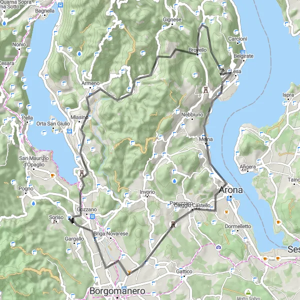 Miniaturní mapa "Lido di Gozzano - Baraggia Road Adventure" inspirace pro cyklisty v oblasti Piemonte, Italy. Vytvořeno pomocí plánovače tras Tarmacs.app