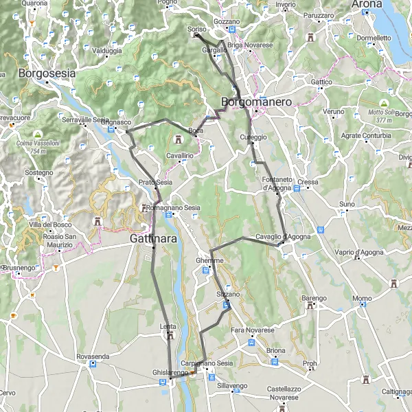 Map miniature of "Borgomanero Circuit" cycling inspiration in Piemonte, Italy. Generated by Tarmacs.app cycling route planner