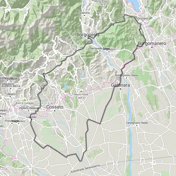 Miniatura mapy "Trasa rowerowa Gargallo - Cavallirio - Colle San Lorenzo - Buronzo - Massazza - Candelo - La Colma - Tre Croci - Borgosesia - Colle della Guardia - Gozzano" - trasy rowerowej w Piemonte, Italy. Wygenerowane przez planer tras rowerowych Tarmacs.app
