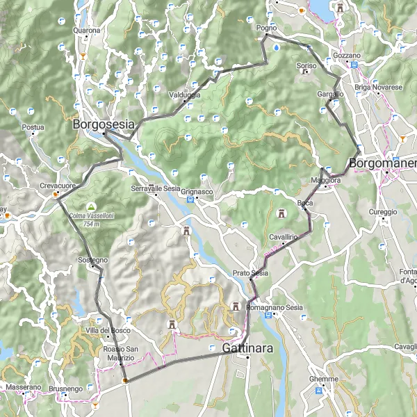 Mapa miniatúra "Gargallo to Gargallo 61 km Road Cycling Loop" cyklistická inšpirácia v Piemonte, Italy. Vygenerované cyklistickým plánovačom trás Tarmacs.app