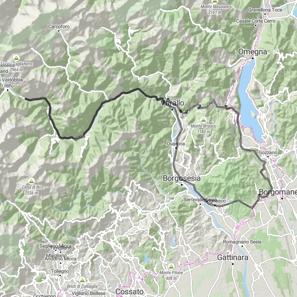 Karttaminiaatyyri "Pyöräilyreitti kohti Sacro Monte di Varalloa" pyöräilyinspiraatiosta alueella Piemonte, Italy. Luotu Tarmacs.app pyöräilyreittisuunnittelijalla