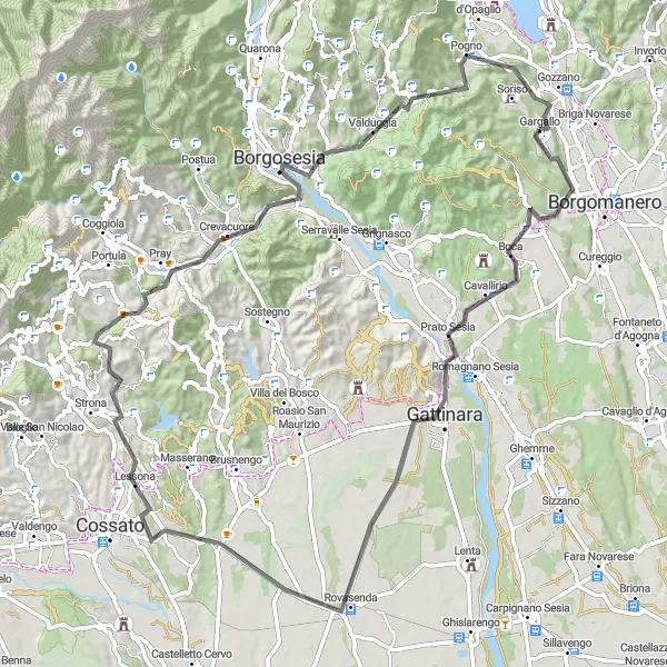 Miniatura mapy "Trasa rowerowa Gargallo - Prato Sesia - Colle San Lorenzo - Rovasenda - Mezzana Mortigliengo - Monte Capoposto - Tre Croci - Borgosesia - Colle della Guardia - Gozzano" - trasy rowerowej w Piemonte, Italy. Wygenerowane przez planer tras rowerowych Tarmacs.app