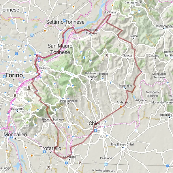 Map miniature of "Gassino Torinese Gravel Adventure" cycling inspiration in Piemonte, Italy. Generated by Tarmacs.app cycling route planner