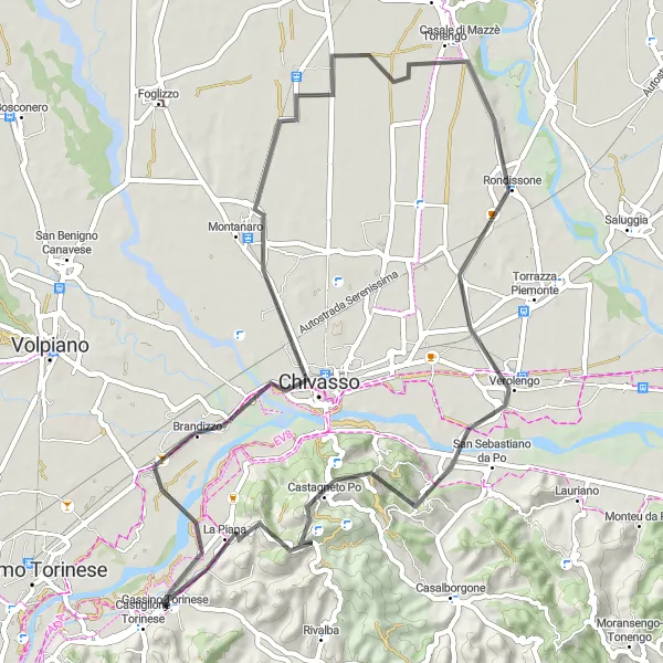 Map miniature of "Gassino Torinese Loop via Chivasso" cycling inspiration in Piemonte, Italy. Generated by Tarmacs.app cycling route planner