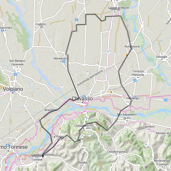 Miniaturní mapa "Road Cycling Adventure to Gassino Torinese" inspirace pro cyklisty v oblasti Piemonte, Italy. Vytvořeno pomocí plánovače tras Tarmacs.app