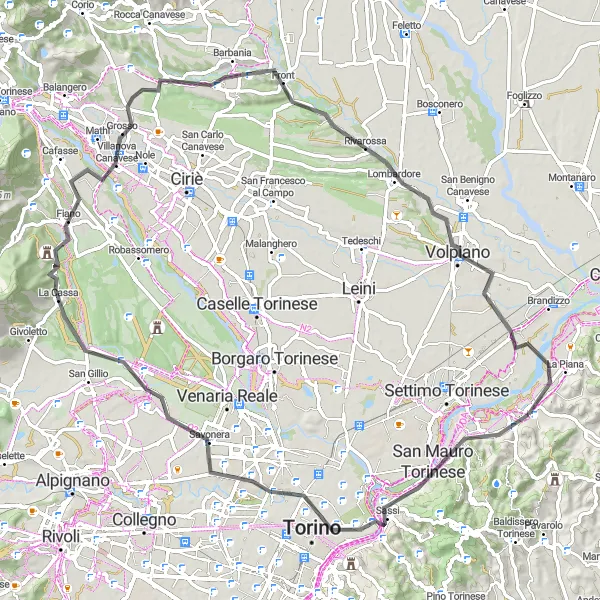 Mapa miniatúra "Okružná asfaltová cesta cez Mole Antonelliana a Volpiano" cyklistická inšpirácia v Piemonte, Italy. Vygenerované cyklistickým plánovačom trás Tarmacs.app