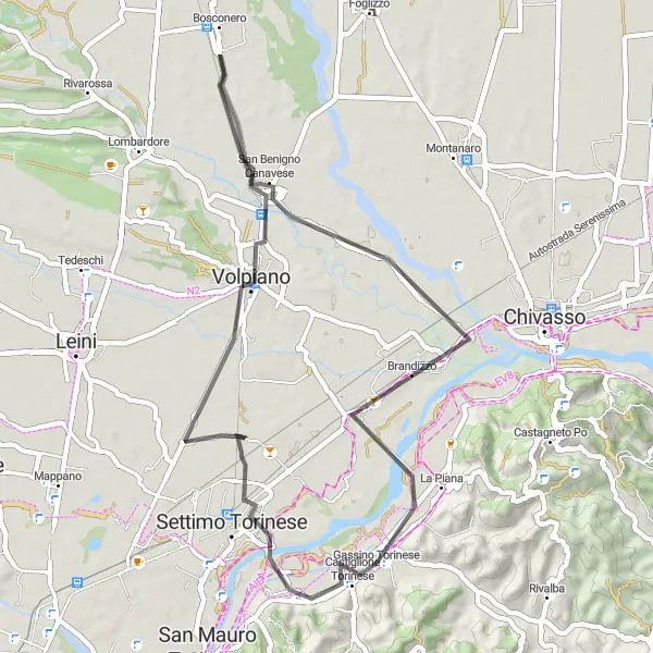 Miniatua del mapa de inspiración ciclista "Ruta de Gassino a Brandizzo" en Piemonte, Italy. Generado por Tarmacs.app planificador de rutas ciclistas