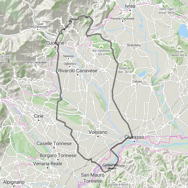 Miniatura della mappa di ispirazione al ciclismo "Giro in bicicletta da Gassino Torinese" nella regione di Piemonte, Italy. Generata da Tarmacs.app, pianificatore di rotte ciclistiche
