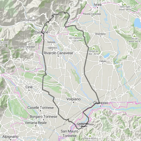 Mapa miniatúra "Cyklistická trasa smerujúca cez Settimo Torinese a Chivasso" cyklistická inšpirácia v Piemonte, Italy. Vygenerované cyklistickým plánovačom trás Tarmacs.app