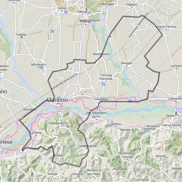 Miniatura della mappa di ispirazione al ciclismo "Tour tra Chivasso e Bric Martina" nella regione di Piemonte, Italy. Generata da Tarmacs.app, pianificatore di rotte ciclistiche