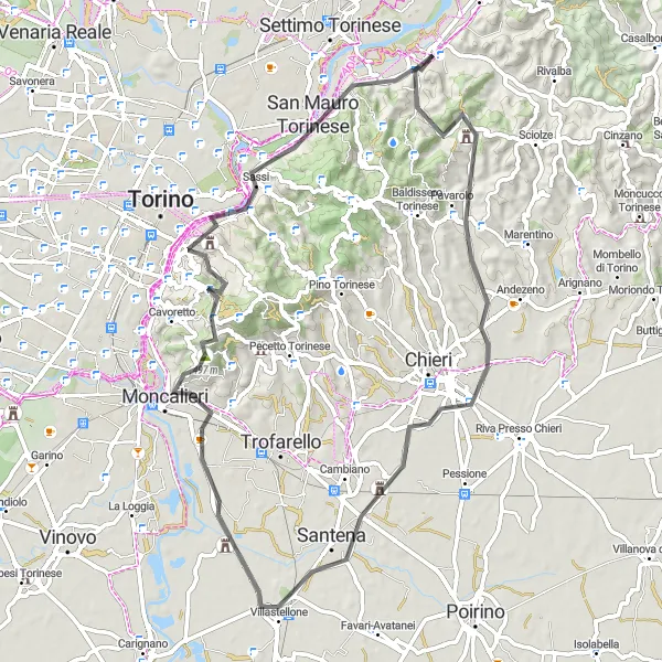 Miniatura della mappa di ispirazione al ciclismo "Circuito delle Colline Torinesi" nella regione di Piemonte, Italy. Generata da Tarmacs.app, pianificatore di rotte ciclistiche