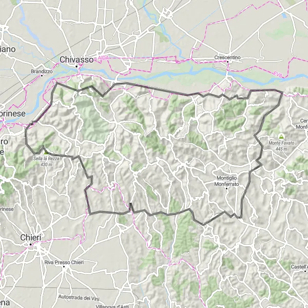Zemljevid v pomanjšavi "Kolesarski raj blizu Gassino Torinese" kolesarske inspiracije v Piemonte, Italy. Generirano z načrtovalcem kolesarskih poti Tarmacs.app