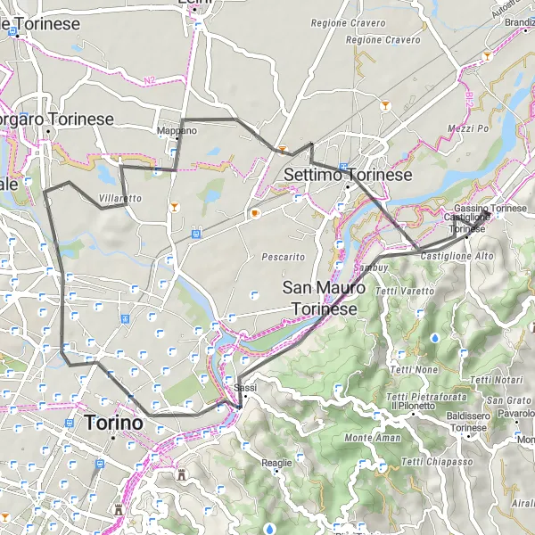 Miniatua del mapa de inspiración ciclista "Ruta de Gassino a Settimo Torinese" en Piemonte, Italy. Generado por Tarmacs.app planificador de rutas ciclistas