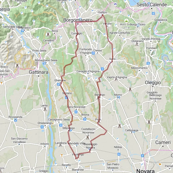 Kartminiatyr av "Utforsk landsbyene rundt Gattico på grusveier" sykkelinspirasjon i Piemonte, Italy. Generert av Tarmacs.app sykkelrutoplanlegger