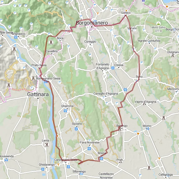 Map miniature of "Gravel Adventure - Suno to Borgomanero Loop" cycling inspiration in Piemonte, Italy. Generated by Tarmacs.app cycling route planner