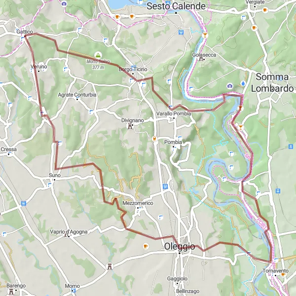 Kartminiatyr av "Grusveier gjennom Borgo Ticino og Oleggio" sykkelinspirasjon i Piemonte, Italy. Generert av Tarmacs.app sykkelrutoplanlegger