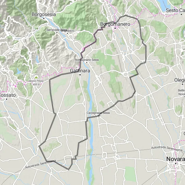 Kartminiatyr av "Lang sykkeltur fra Gattico til Cavallirio" sykkelinspirasjon i Piemonte, Italy. Generert av Tarmacs.app sykkelrutoplanlegger