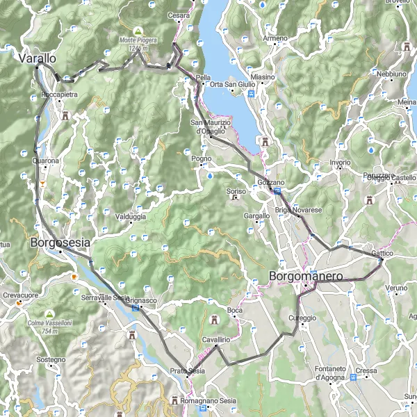 Map miniature of "Road Adventure - Borgomanero Circuit" cycling inspiration in Piemonte, Italy. Generated by Tarmacs.app cycling route planner